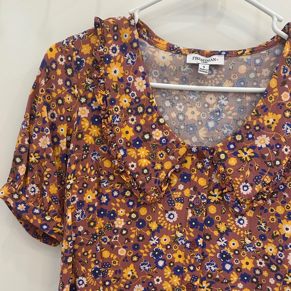 Freshman Women's Floral Blouse - Mauve, Blue and Yellow